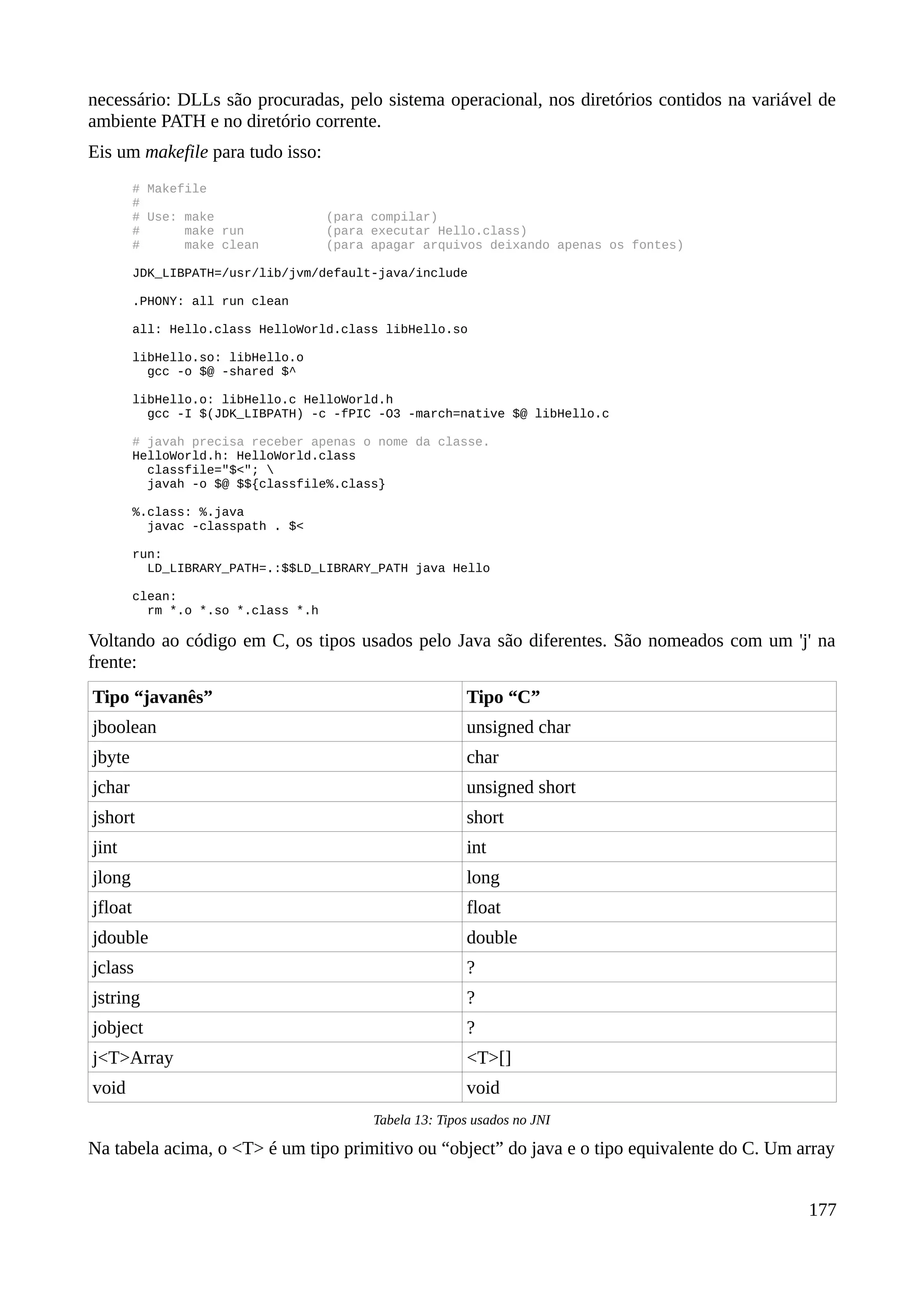 necessário: DLLs são procuradas, pelo sistema operacional, nos diretórios contidos na variável de
ambiente PATH e no diretório corrente.
Eis um makefile para tudo isso:
# Makefile
#
# Use: make (para compilar)
# make run (para executar Hello.class)
# make clean (para apagar arquivos deixando apenas os fontes)
JDK_LIBPATH=/usr/lib/jvm/default-java/include
.PHONY: all run clean
all: Hello.class HelloWorld.class libHello.so
libHello.so: libHello.o
gcc -o $@ -shared $^
libHello.o: libHello.c HelloWorld.h
gcc -I $(JDK_LIBPATH) -c -fPIC -O3 -march=native $@ libHello.c
# javah precisa receber apenas o nome da classe.
HelloWorld.h: HelloWorld.class
classfile="$<"; 
javah -o $@ $${classfile%.class}
%.class: %.java
javac -classpath . $<
run:
LD_LIBRARY_PATH=.:$$LD_LIBRARY_PATH java Hello
clean:
rm *.o *.so *.class *.h
Voltando ao código em C, os tipos usados pelo Java são diferentes. São nomeados com um 'j' na
frente:
Tipo “javanês” Tipo “C”
jboolean unsigned char
jbyte char
jchar unsigned short
jshort short
jint int
jlong long
jfloat float
jdouble double
jclass ?
jstring ?
jobject ?
j<T>Array <T>[]
void void
Tabela 13: Tipos usados no JNI
Na tabela acima, o <T> é um tipo primitivo ou “object” do java e o tipo equivalente do C. Um array
177
 