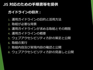 JIS 対応のための手順書等を提供
34
ガイドラインの目次：
1. 運用ガイドラインの目的と活用方法
2. 取組が必要な背景
3. 運用ガイドラインが求める取組とその期限
4. 運用ガイドラインの概要
5. ウェブアクセシビリティ方針の策定と公開
6. 取組の実行
7. 取組内容及び実現内容の確認と公開
8. ウェブアクセシビリティ方針の見直しと公開
 