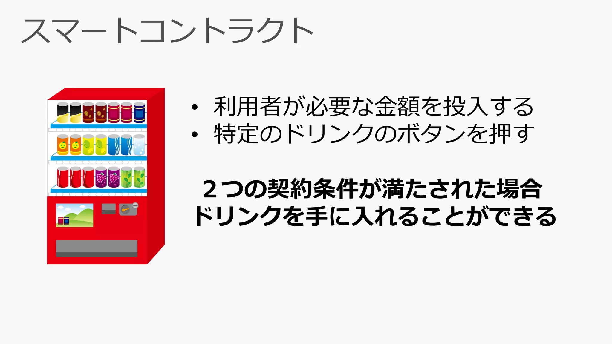 • 利用者が必要な金額を投入する
• 特定のドリンクのボタンを押す
２つの契約条件が満たされた場合
ドリンクを手に入れることができる
 