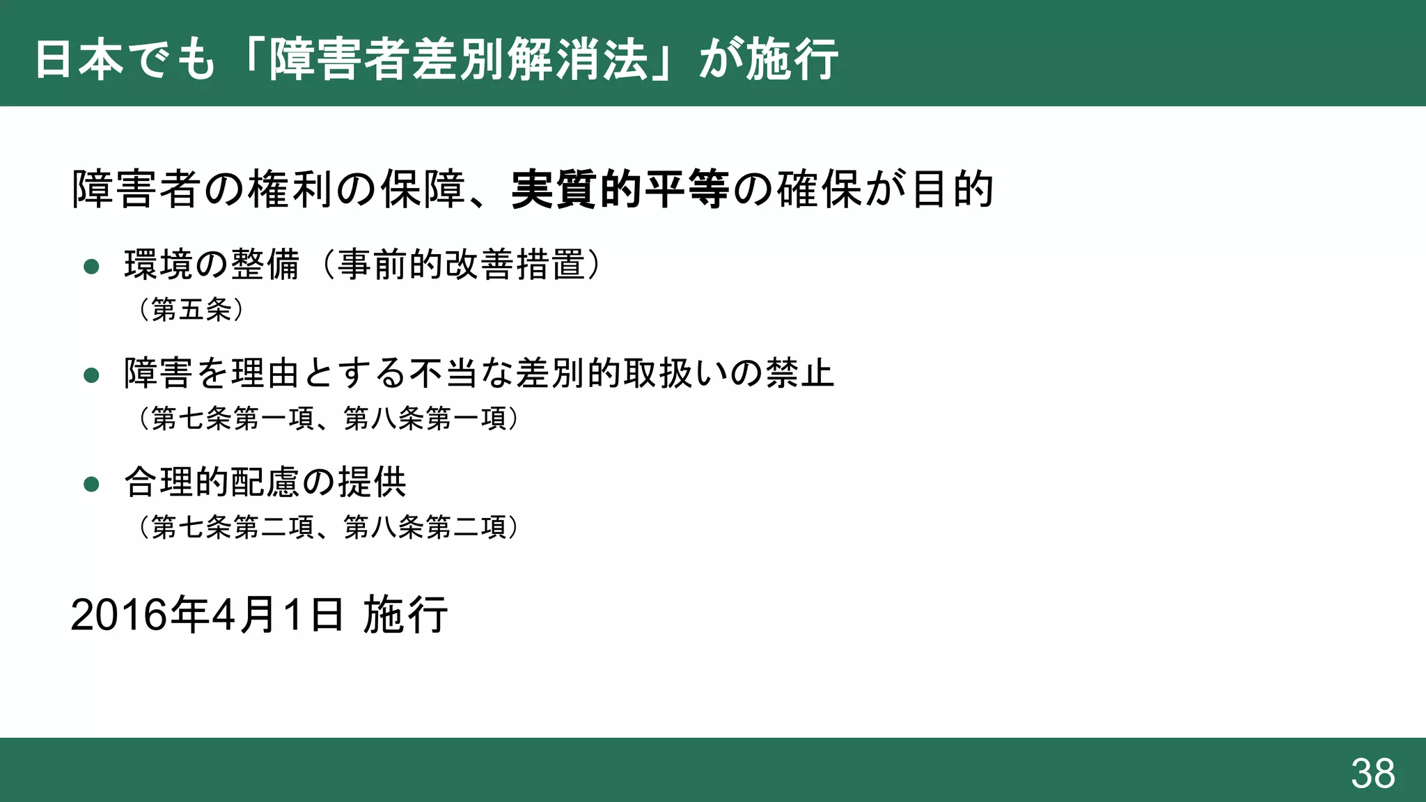 日本でも「障害者差別解消法」が施行
● 障害者の権利の保障、実質的平等の確保が目的
● 環境の整備（事前的改善措置）
（第五条）
● 障害を理由とする不当な差別的取扱いの禁止
（第七条第一項、第八条第一項）
● 合理的配慮の提供
（第七条第二項、第八条第二項）
● 2016年4月1日 施行
38
 