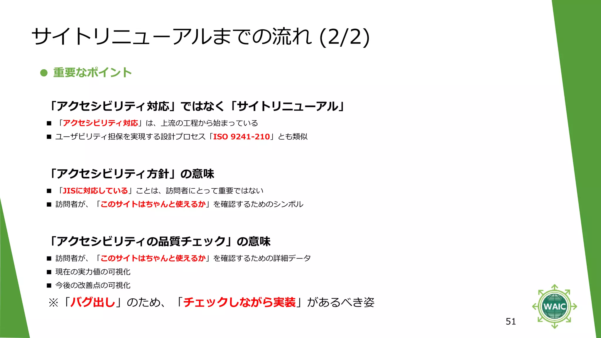 51
● 重要なポイント
「アクセシビリティ対応」ではなく「サイトリニューアル」
■ 「アクセシビリティ対応」は、上流の工程から始まっている
■ ユーザビリティ担保を実現する設計プロセス「ISO 9241-210」とも類似
「アクセシビリティ方針」の意味
■ 「JISに対応している」ことは、訪問者にとって重要ではない
■ 訪問者が、「このサイトはちゃんと使えるか」を確認するためのシンボル
「アクセシビリティの品質チェック」の意味
■ 訪問者が、「このサイトはちゃんと使えるか」を確認するための詳細データ
■ 現在の実力値の可視化
■ 今後の改善点の可視化
※「バグ出し」のため、「チェックしながら実装」があるべき姿
サイトリニューアルまでの流れ (2/2)
 