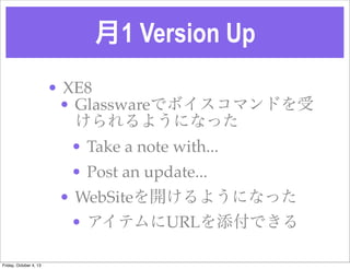 1 Version Up
? XE8
? Glasswareǥܥޥɤ
褦ˤʤä
? Take a note with...?
? Post an update...?
? WebSite_褦ˤʤä
? ƥURLǤ
Friday, October 4, 13
 
