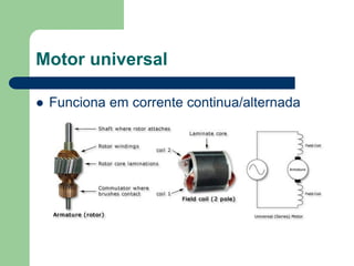 Motor universal
 Funciona em corrente continua/alternada
 
