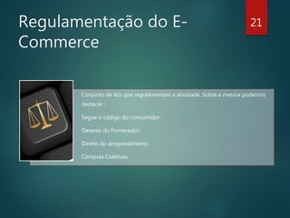 Regulamentação do E-
Commerce
21
Conjunto de leis que regulamentam a atividade. Sobre a mesma podemos
destacar :
Segue o código do consumidor.
Deveres do Fornecedor.
Direito do arrependimento.
Compras Coletivas.
 