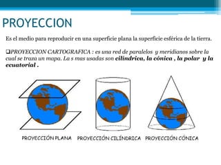 PROYECCION
Es el medio para reproducir en una superficie plana la superficie esférica de la tierra.
PROYECCION CARTOGRAFICA : es una red de paralelos y meridianos sobre la
cual se traza un mapa. La s mas usadas son cilíndrica, la cónica , la polar y la
ecuatorial .
 