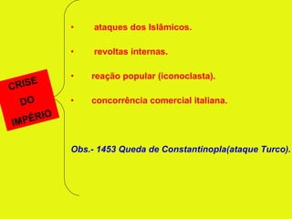 ataques dos Islâmicos. revoltas internas. reação popular (iconoclasta). concorrência comercial italiana. Obs.- 1453 Queda de Constantinopla(ataque Turco). CRISE DO IMPÉRIO 