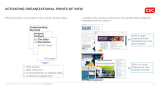© 2013 The Corporate Executive Board Company. All Rights Reserved. MLC5230013SYN 12
38 CSC WORLD | SUMMER 2012
2009
2
010
2015
2020
BY THE NUMBERS
BIG Data
BIGGER
POtENtIaL
once you get your mind around just how big our data has
become, the next trick is to open your mind to the possibilities
created by having all that data.
the industry term is Big data, but it really ought to be called
huge data or perhaps Ginormous data. In 2011, the total data
that had been created was 1.8 zettabytes. A zettabyte is a tril-
lion gigabytes, or sextillion bytes. By 2020, IdC expects annual
data generation to increase 4,300% from 2009, with total data
produced to be around 35 zettabytes.1
more than 70% of the data is generated by individuals, and
herein lies the opportunity for enterprises: to access this data,
combine it with the enterprises’ data and analyze it all for new
insights. emC says the number of customers storing a petabyte
(1 million gigabytes) or more was 1,000 in 2010, and estimates
that it will be 100,000 customers before the end of the decade.
think about how much data you generate every day. You take
a picture and store it in the cloud. maybe you post a video on
Youtube. Certainly you make a few purchases on your credit
card, send email, browse more than a few websites or post a
tweet. now multiply those actions by billions of people. Add
in data generated by sensors, from weather satellites in space,
to manufacturing sensors on a factory floor, to sensors on the
ocean floor, to sensors in your car.
An exabyte here, an exabyte there, and pretty soon you’re
talking about really massive data.
Getting to information
they say that information is power, but information shouldn’t be
confused with data. Power comes from mining the data to get at
the information it contains. that’s where things get interesting.
most of the data we are generating and will continue to
generate is called “unstructured” data. that means that much
of it doesn’t fit neatly into the fields of a relational database.
unstructured data is less rigid, less ordered and more interrelated
than traditional data. All those photos, videos and passages of
text fall into this category.
Given the volume, variety and velocity of data, the tools for
analysis are changing. more people can peer into the data in
more ways for more meaning. Analytics is no longer confined to
a few people working with a subset of data on a small analytics
server off in a corner.
today analytics is moving to center stage as more people
can access the tools and analyze all the data, leveraging data
from multiple sources and unleashing the power of a distributed
grid of computing resources to do the heavy lifting involved in
the analysis.
Analytics is now moving to the “predictive edge,” where the
analysis is more time-sensitive and closes in on real-time results,
as CsC’s William Koff and Paul Gustafson write in their research
report, “data revolution.”
practical uses
one example they highlight is insurance fraud analysis. In the
past, companies may have run fraud analysis every two months
— which may have meant that fraudulent claims had already
been paid. With Big data tools, insurance companies can run
those analyses twice a day, catching fraudulent claims in hours.
the production of data is expanding at an astonishing
pace. experts now point to a 4300% increase in annual
data generation by 2020. drivers include the switch from
analog to digital technologies and the rapid increase in
data generation by individuals and corporations alike.
Size of Total Data
Enterprise Managed Data
Enterprise Created Data
.79zb
1.2zb
.96zb
.36zb
2012: customers
will start storing
1 EB of information.
by Jeff Caruso
THE RApID GROWTH OF GLOBAL DATA
ACTIvATINg ORgANIzATIONAl POINTS OF vIEW
While business unit content may contain strong ideas… …content only comes to life when the central team diligently
integrates and activates it.
Understanding
Big Data
Analysis
Paralysis
Big Data in
Healthcare
The Data
Revolution
White Paper
60 pages
Idea quality
Idea relevance
Connectedness of related ideas
Audience engagement
Shift to pan-
organizational
perspectives and
web centers
Shift to visual,
interactive, and
mobile formats
 