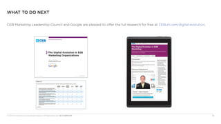 © 2013 The Corporate Executive Board Company. All Rights Reserved. MLC5230013SYN 18
WHAT TO DO NExT
CEB Marketing Leadership Council and Google are pleased to offer the full research for free at CEBurl.com/digital-evolution.
The Digital Evolution in B2B
Marketing Organizations
Research Conducted by
Marketing Leadership Council
In Partnership with
CEB Marketing Leadership Council®
Output: 06:21PM Aug 29 2012
Modified 06:04PM Aug 29 2012
© 2012 The Corporate Executive Board Company.
All Rights Reserved. MLC3413412SYN
www.executiveboard.com
Client Site: www.mlc.executiveboard.com
The Digital Evolution in B2B
Marketing Organizations
Research Conducted by
Marketing Leadership Council
In Partnership with
Marketing Leadership Council®
 