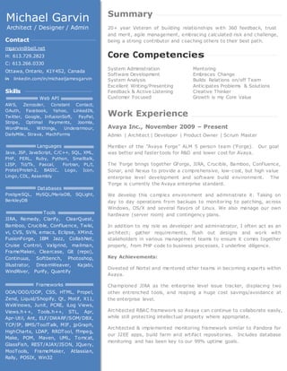 Summary
20+ year Veteran of building relationships with 360 feedback, trust
and merit, agile management, embracing calculated risk and challenge,
being a strong contributor and coaching others to their best path.
Core Competencies
System Administration Mentoring
Software Development Embraces Change
System Analysis Builds Relations on/off Team
Excellent Writing/Presenting Anticipates Problems & Solutions
Feedback & Active Listening Creative Thinker
Customer Focused Growth is my Core Value
Work Experience
Avaya Inc., November 2009 – Present
Admin | Architect | Developer | Product Owner | Scrum Master
Member of the "Avaya Forge" ALM 5 person team (‘Forge). Our goal
was better and faster tools for R&D and lower cost for Avaya.
The 'Forge brings together GForge, JIRA, Crucible, Bamboo, Confluence,
Sonar, and Nexus to provide a comprehensive, low-cost, but high value
enterprise level development and software build environment. The
'Forge is currently the Avaya enterprise standard.
We develop this complex environment and administrate it. Taking on
day to day operations from backups to monitoring to patching, across
Windows, OS/X and several flavors of Linux. We also manage our own
hardware (server room) and contingency plans.
In addition to my role as developer and administrator, I often act as an
architect; gather requirements, flush out designs and work with
stakeholders in various management teams to ensure it comes together
properly, from PHP code to business processes, I underline diligence.
Key Achievements:
Divested of Nortel and mentored other teams in becoming experts within
Avaya.
Championed JIRA as the enterprise level issue tracker, displacing two
other entrenched tools, and reaping a huge cost savings/avoidance at
the enterprise level.
Architected RBAC framework so Avaya can continue to collaborate easily,
while still protecting intellectual property where appropriate.
Architected & implemented monitoring framework similar to Pandora for
our J2EE apps, build farm and artifact repositories. Includes database
monitoring and has been key to our 99% uptime goals.
Michael Garvin
Architect / Designer / Admin
Contact
mgarvin@bell.net
H: 613.729.2823
C: 613.266.0330
Ottawa, Ontario, K1Y4S2, Canada
linkedin.com/in/michaeljamesgarvin
Skills
Web API
AWS, Zencoder, Constant Contact,
OAuth, Facebook, Yahoo, LinkedIN,
Twitter, Google, InfusionSoft, PayPal,
Stripe, Optimal Payments, Joomla,
WordPress, Withings, Underarmour,
DailyMile, Strava, MachForms
Languages
Java, JSP, JavaScript, C/C++, SQL, XML,
PHP, PERL, Ruby, Python, Smalltalk,
LISP, Tcl/Tk, Pascal, Fortran, PL/I,
Protel/Protel-2, BASIC, Logo, Icon,
Lingo, CDL, Assembly
Databases
PostgreSQL, MySQL/MariaDB, SQLight,
BerkleyDB
Tools
JIRA, Remedy, Clarify, ClearQuest,
Bamboo, Crucible, Confluence, Twiki,
vi, CVS, SVN, emacs, Eclipse, XMind,
FusionForge, IBM Jazz, CollabNet,
Cruise Control, Valgrind, mailman,
FrameMaker, Clearcase, Git (repo),
Continuus, Softbench, Photoshop,
Illustrator, DreamWeaver, Kajabi,
WindRiver, Purify, Quantify
Frameworks
OOA/OOD/OOP, CSS, HTML, Propel,
Zend, Liquid/Shopify, Qt, Motif, X11,
WxWinows, Junit, PCRE, iLog Views,
Views.h++, Tools.h++, STL, Apr,
Apr-Util, Ant, ELF/DWARF/SOM/DBX,
TCP/IP, BMS/ToolTalk, MIF, jpGraph,
HighCharts, LDAP, RRDTool, ffmpeg,
Make, POM, Maven, UML, Tomcat,
GlassFish, REST/AJAX/JSON, JQuery,
MooTools, FrameMaker, Atlassian,
Rally, POSIX, Win32
Win32
 