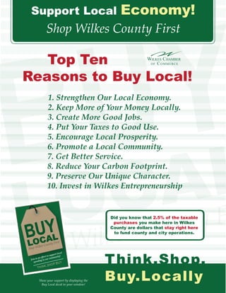 Support Local Economy!
Think.Shop.
Buy.Locally
Shop Wilkes County First
Show your support by displaying the
Buy Local decal in your window!
1. Strengthen Our Local Economy.
2. Keep More of Your Money Locally.
3. Create More Good Jobs.
4. Put Your Taxes to Good Use.
5. Encourage Local Prosperity.
6. Promote a Local Community.
7. Get Better Service.
8. Reduce Your Carbon Footprint.
9. Preserve Our Unique Character.
10. Invest in Wilkes Entrepreneurship
Join in an effort to support local
spending in our community!
Top Ten
Reasons to Buy Local!
WILKES CHAMBER
OF COMMERCE
Did you know that 2.5% of the taxable
purchases you make here in Wilkes
County are dollars that stay right here
to fund county and city operations.
 