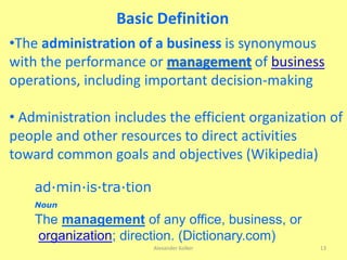 Alexander Kolker 13
•The administration of a business is synonymous
with the performance or management of business
operations, including important decision-making
• Administration includes the efficient organization of
people and other resources to direct activities
toward common goals and objectives (Wikipedia)
Basic Definition
ad·min·is·tra·tion
Noun
The management of any office, business, or
organization; direction. (Dictionary.com)
 