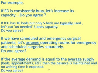 28
For example,
If ED is consistently busy, let’s increase its
capacity….Do you agree ?
If ICU has 10 beds but only 5 beds are typically used ,
let’s cut ‘un-needed’ 5 beds capacity.
Do you agree?
If we have scheduled and emergency surgical
patients, let’s arrange operating rooms for emergency
and scheduled surgeries separately.
Do you agree?
If the average demand is equal to the average supply
(beds, appointments, etc), then the balance is maintained and
no waiting time is expected.
Do you agree?
 