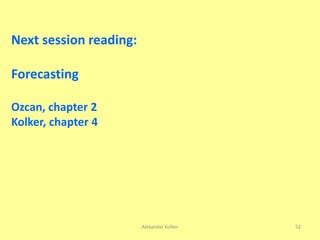 Alexander Kolker 52
Next session reading:
Forecasting
Ozcan, chapter 2
Kolker, chapter 4
 