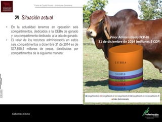 Sabemos Cómo
Fondo de Capital Privado – Inversiones Ganaderas
Situación actual
• En la actualidad tenemos en operación seis
compartimentos, dedicados a la CEBA de ganado
y un compartimento dedicado a la cría de ganado.
• El valor de los recursos administrados en estos
seis compartimentos a diciembre 31 de 2014 es de
$37.895,4 millones de pesos, distribuidos por
compartimentos de la siguiente manera:
Valor Administrado FCP-IG
31 de diciembre de 2014 (millones $ COP)
Valor Administrado
 