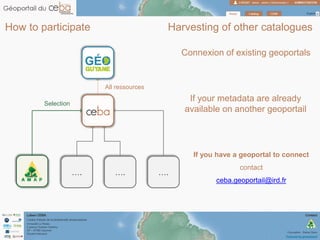 How to participate Harvesting of other catalogues
Selection
….…. ….
All ressources
If you have a geoportal to connect
contact
ceba.geoportail@ird.fr
Connexion of existing geoportals
If your metadata are already
available on another geoportail
 