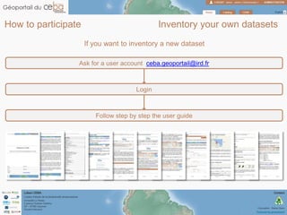 How to participate Inventory your own datasets
Ask for a user account ceba.geoportail@ird.fr
Login
Follow step by step the user guide
If you want to inventory a new dataset
 
