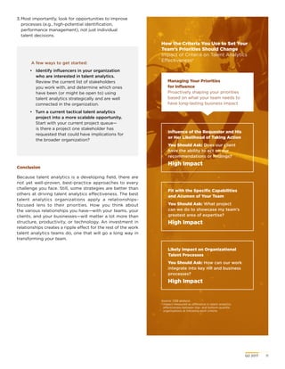 Q2 2017	 11
Conclusion
Because talent analytics is a developing field, there are
not yet well-proven, best-practice approaches to every
challenge you face. Still, some strategies are better than
others at driving talent analytics effectiveness. The best
talent analytics organizations apply a relationships-
focused lens to their priorities. How you think about
the various relationships you have—with your teams, your
clients, and your businesses—will matter a lot more than
structure, productivity, or technology. An investment in
relationships creates a ripple effect for the rest of the work
talent analytics teams do, one that will go a long way in
transforming your team.
A few ways to get started:
•	 Identify influencers in your organization
who are interested in talent analytics.
Review the current list of stakeholders
you work with, and determine which ones
have been (or might be open to) using
talent analytics strategically and are well
connected in the organization.
•	 Turn a current tactical talent analytics
project into a more scalable opportunity.
Start with your current project queue—
is there a project one stakeholder has
requested that could have implications for
the broader organization?
How the Criteria You Use to Set Your
Team’s Priorities Should Change
Impact of Criteria on Talent Analytics
Effectivenessa
Influence of the Requestor and His
or Her Likelihood of Taking Action
You Should Ask: Does our client
have the ability to act on our
recommendations or findings?
High Impact
Fit with the Specific Capabilities
and Acumen of Your Team
You Should Ask: What project
can we do to showcase my team’s
greatest area of expertise?
High Impact
Likely Impact on Organizational
Talent Processes
You Should Ask: How can our work
integrate into key HR and business
processes?
High Impact
Source: CEB analysis.
a
Impact measured as difference in talent analytics
effectiveness between top- and bottom-quartile
organizations at following each criteria.
Managing Your Priorities
for Influence
Proactively shaping your priorities
based on what your team needs to
have long-lasting business impact
3.	Most importantly, look for opportunities to improve
processes (e.g., high-potential identification,
performance management), not just individual
talent decisions.
 