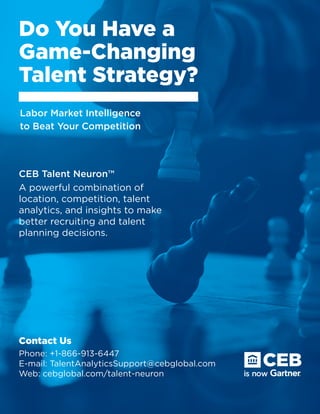 28	 Talent Analytics Quarterly © 2017 Gartner, Inc. and/or its affiliates. All rights reserved.
Do You Have a
Game-Changing
Talent Strategy?
CEB Talent Neuron™
A powerful combination of
location, competition, talent
analytics, and insights to make
better recruiting and talent
planning decisions.
Contact Us
Phone: +1-866-913-6447
E-mail: TalentAnalyticsSupport@cebglobal.com
Web: cebglobal.com/talent-neuron
Labor Market Intelligence
to Beat Your Competition
 