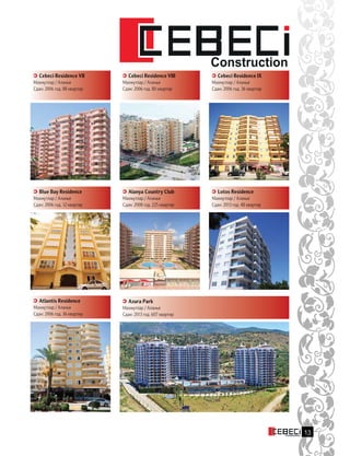 Cebeci Residence VIII
Махмутлар / Аланья
Сдан: 2006 год. 80 квартир
Blue Bay Residence
Махмутлар / Аланья
Сдан: 2006 год. 12 квартир
Alanya Country Club
Махмутлар / Аланья
Сдан: 2008 год. 225 квартир
Lotos Residence
Махмутлар / Аланья
Сдан: 2013 год. 48 квартир
Cebeci Residence IX
Махмутлар / Аланья
Сдан: 2006 год. 36 квартир
Atlantis Residence
Махмутлар / Аланья
Сдан: 2006 год. 36 квартир
Azura Park
Махмутлар / Аланья
Сдан: 2013 год. 607 квартир
Cebeci Residence VII
Махмутлар / Аланья
Сдан: 2006 год. 88 квартир
13
 