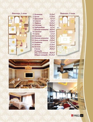 1.	Гостиная	 51,0 м2
2.	Кухня	 17,0 м2
3.	Прихожая	 9,5 м2
4.	Санузел	 4,0 м2
5.	Терраса	 52,0 м2
6.	Спальня	 26,0 м2
6.	Гардеробная	 6,5 м2
7.	Ванная комната	 10,0 м2
8.	Спальня	 12,0 м2
9.	Сауна	 3,5 м2
10.	Спальня	 11,0 м2
12.	Ванная комната	 9,0 м2
13.	Холл и лестница	 15,0 м2
14.	Кладовка	 2,5 м2
15.	Балкон	 11,0 м2
16.	Балкон	 23,0 м2
	 Стены	 29,0 м2
	Площадь
	 общ. пользования	 56,0 м2
	 Общая площадь	 351,0 м2
Пентхаус, 1 этаж
11
14
12
13
10
9
6
7
8
15 16
Пентхаус, 2 этаж
Вход
5
1
2
4
3
51
 