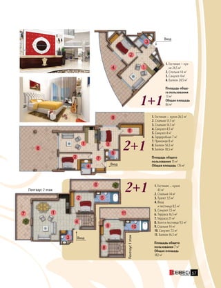 57
1. Гостиная — кух-
ня 24,5 м2
2. Спальня 14 м2
3. Санузел 4 м2
4. Балкон 24,5 м2
Площадь обще-
го пользования
13 м2
Общая площадь
86 м21+1
Пентхаус2этаж
Вход
1. Гостиная — кухня
43 м2
2. Спальня 14 м2
3. Туалет 3,5 м2
4. Вход
и лестница 8,5 м2
5. Санузел 7,5 м2
6. Терраса 16,5 м2
7. Терраса 25 м2
8. Холл и лестница 9,5 м2
9. Спальня 14 м2
10. Санузел 7,5 м2
11. Балкон 16,5 м2
Площадь общего
пользования 7 м2
Общая площадь
182 м2
1. Гостиная — кухня 26,5 м2
2. Спальня 13,5 м2
3. Спальня 14,5 м2
4. Санузел 4,5 м2
5. Санузел 4 м2
6. Гардеробная 7 м2
7. Прихожая 8 м2
8. Балкон 56,5 м2
9. Балкон 18,5 м2
Площадь общего
пользования 15 м2
Общая площадь 176 м2
2+1
2+1
Вход
Пентхаус1этаж
Пентхаус 2 этаж
Вход
 