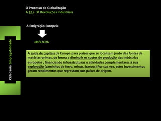 O Processo de Globalização 
A 2ª e 3ª Revoluções Industriais 
A saída de capitais da Europa para países que se localizam junto das fontes da 
matérias-primas, de forma a diminuir os custos de produção das indústrias 
europeias , financiando infraestruturas e atividades complementares à sua 
exploração (caminhos de ferro, minas, bancos) Por sua vez, estes investimentos 
geram rendimentos que regressam aos países de origem. 
Cidadania Empregabilidade 
A Emigração Europeia 
IMPLICOU 
 