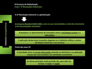 O Processo de Globalização 
A 2ª e 3ª Revoluções Industriais 
A pesquisa e o aparecimento de inovações como a tecnologia nuclear e a 
informática 
Cidadania Empregabilidade 
A 3ª Revolução Industrial e a globalização 
A II Guerra Mundial (1939-1945), com as suas necessidades a nível de armamento 
e de comunicações incentivou 
A aplicação destas duas inovações alagaram-se à indústria militar, a outras 
atividades industrias e aos serviços 
Finais dos anos 70 
A Sociedade entra na era da informação, baseada na eletrónica e na aplicação 
maciça dos seus produtos nas atividades económicas 
Os Atores principais neste período são, para além da 
Europa, os EUA e o Japão 
 