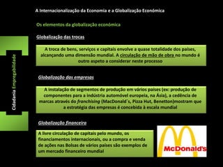 A Internacionalização da Economia e a Globalização Económica 
Globalização das trocas 
A troca de bens, serviços e capitais envolve a quase totalidade dos países, 
alcançando uma dimensão mundial. A circulação de mão de obra no mundo é 
outro aspeto a considerar neste processo 
Cidadania Empregabilidade 
Os elementos da globalização económica 
Globalização das empresas 
A instalação de segmentos de produção em vários países (ex: produção de 
componentes para a indústria automóvel europeia, na Ásia), a cedência de 
marcas através do franchising (MacDonald´s, Pizza Hut, Benetton)mostram que 
a estratégia das empresas é concebida à escala mundial 
Globalização financeira 
A livre circulação de capitais pelo mundo, os 
financiamentos internacionais, ou a compra e venda 
de ações nas Bolsas de vários países são exemplos de 
um mercado financeiro mundial 
 