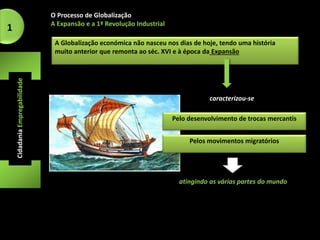O Processo de Globalização 
A Expansão e a 1ª Revolução Industrial 
A Globalização económica não nasceu nos dias de hoje, tendo uma história 
muito anterior que remonta ao séc. XVI e à época da Expansão 
Cidadania Empregabilidade 
caracterizou-se 
Pelo desenvolvimento de trocas mercantis 
Pelos movimentos migratórios 
atingindo as várias partes do mundo 
1 
 