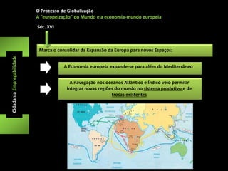 O Processo de Globalização 
A “europeização” do Mundo e a economia-mundo europeia 
Marca o consolidar da Expansão da Europa para novos Espaços: 
Cidadania Empregabilidade 
A Economia europeia expande-se para além do Mediterrâneo 
A navegação nos oceanos Atlântico e Índico veio permitir 
integrar novas regiões do mundo no sistema produtivo e de 
trocas existentes 
Séc. XVI 
 