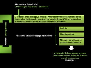 O Processo de Globalização 
A 1ª Revolução Industrial e a Globalização 
Cidadania Empregabilidade 
O comércio entre a Europa, a África e a América contribui decisivamente para o 
desencadear da Revolução Industrial, em meados do séc. XVIII, ao proporcionar 
as condições necessárias ao desenvolvimento das indústrias: 
Capitais 
Matérias-primas 
Mercados para colocar os 
produtos manufaturados 
Passaram a circular no espaço internacional 
A circulação de bens alargou-se, numa 
primeira fase com o tráfego de escravos 
e, mais tarde, com as 
MIGRAÇÕES 
 