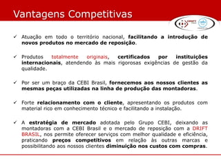 Vantagens Competitivas

 Atuação em todo o território nacional, facilitando a introdução de
  novos produtos no mercado de reposição.

 Produtos   totalmente  originais, certificados   por    instituições
  internacionais, atendendo às mais rigorosas exigências de gestão da
  qualidade.

 Por ser um braço da CEBI Brasil, fornecemos aos nossos clientes as
  mesmas peças utilizadas na linha de produção das montadoras.

 Forte relacionamento com o cliente, apresentando os produtos com
  material rico em conhecimento técnico e facilitando a instalação.

 A estratégia de mercado adotada pelo Grupo CEBI, deixando as
  montadoras com a CEBI Brasil e o mercado de reposição com a DRIFT
  BRASIL, nos permite oferecer serviços com melhor qualidade e eficiência,
  praticando preços competitivos em relação às outras marcas e
  possibilitando aos nossos clientes diminuição nos custos com compras.
 
