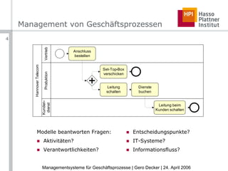 Management von Geschäftsprozessen Modelle beantworten Fragen: Aktivitäten? Verantwortlichkeiten? Entscheidungspunkte? IT-Systeme? Informationsfluss? 