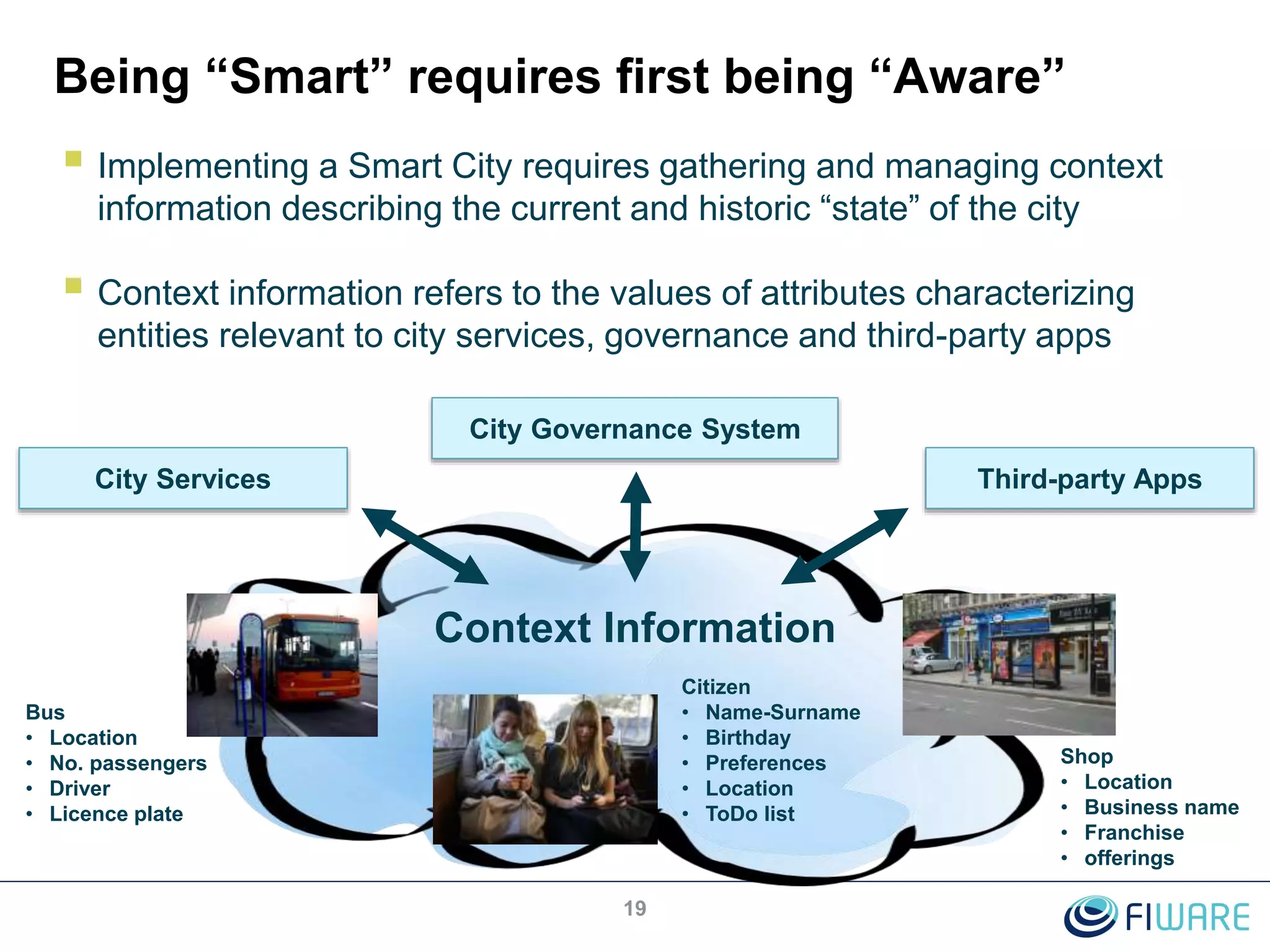 Being “Smart” requires first being “Aware”
 Implementing a Smart City requires gathering and managing context
information describing the current and historic “state” of the city
 Context information refers to the values of attributes characterizing
entities relevant to city services, governance and third-party apps
19
Bus
• Location
• No. passengers
• Driver
• Licence plate
Citizen
• Name-Surname
• Birthday
• Preferences
• Location
• ToDo list
Shop
• Location
• Business name
• Franchise
• offerings
Context Information
City Governance System
City Services Third-party Apps
 