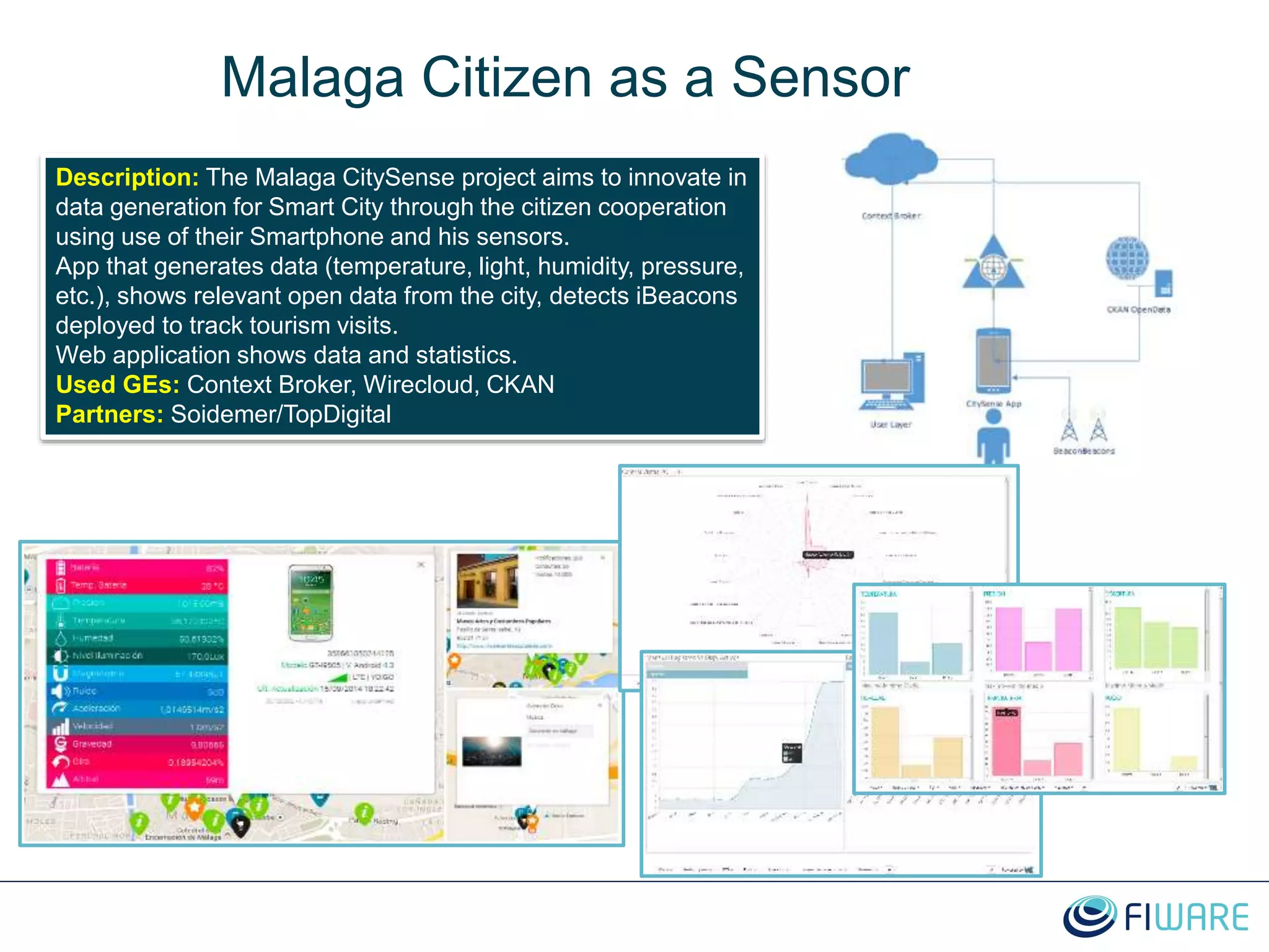 Malaga Citizen as a Sensor
Description: The Malaga CitySense project aims to innovate in
data generation for Smart City through the citizen cooperation
using use of their Smartphone and his sensors.
App that generates data (temperature, light, humidity, pressure,
etc.), shows relevant open data from the city, detects iBeacons
deployed to track tourism visits.
Web application shows data and statistics.
Used GEs: Context Broker, Wirecloud, CKAN
Partners: Soidemer/TopDigital
 