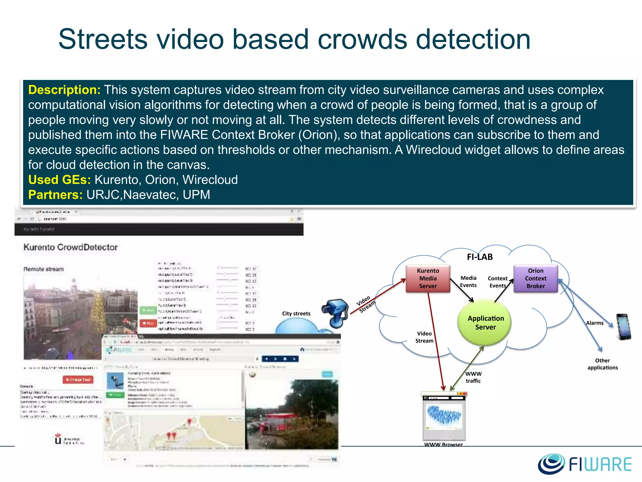 Streets video based crowds detection
Description: This system captures video stream from city video surveillance cameras and uses complex
computational vision algorithms for detecting when a crowd of people is being formed, that is a group of
people moving very slowly or not moving at all. The system detects different levels of crowdness and
published them into the FIWARE Context Broker (Orion), so that applications can subscribe to them and
execute specific actions based on thresholds or other mechanism. A Wirecloud widget allows to define areas
for cloud detection in the canvas.
Used GEs: Kurento, Orion, Wirecloud
Partners: URJC,Naevatec, UPM
Kurento
Media
Server
FI-LAB
Orion
Context
Broker
Applica on
Server
h" p://&
Video
Stream
Video
Stream
Context
Events
Media
Events
WWW
traffic
City streets
WWW Browser
Alarms
Other
applica ons
 
