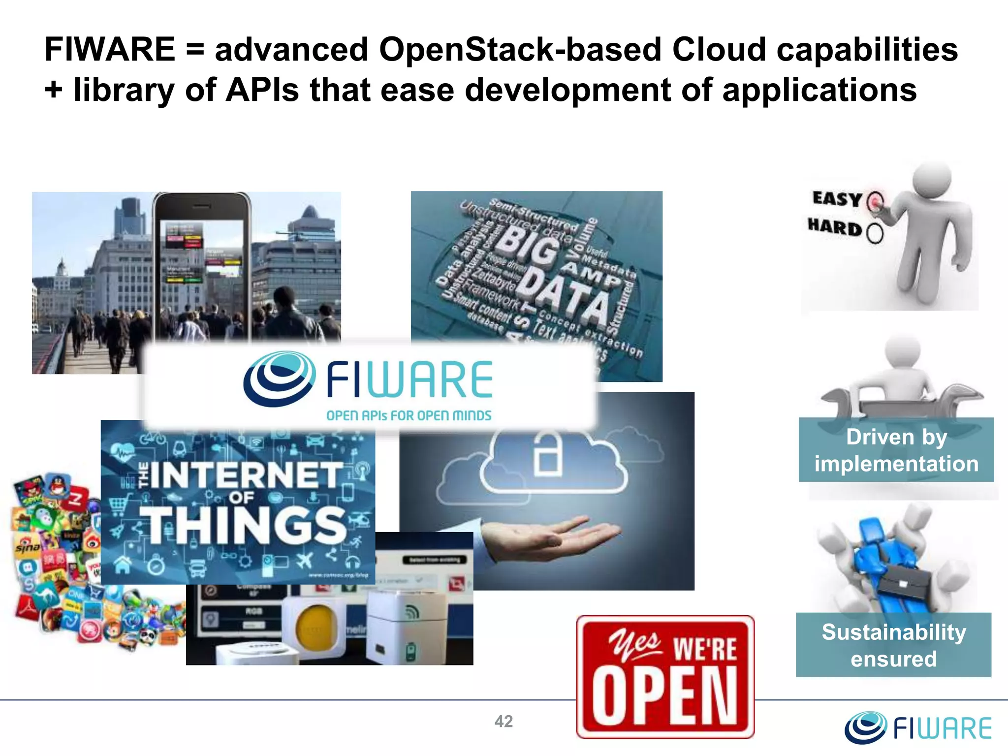 FIWARE = advanced OpenStack-based Cloud capabilities
+ library of APIs that ease development of applications
42
Sustainability
ensured
Driven by
implementation
 
