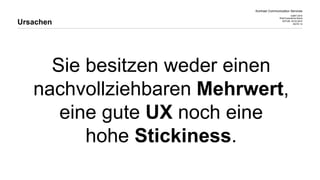 Kontrast Communication Services
CeBIT 2015
Web Experience Arena
DATUM 20.03.2015
SEITE 14
Sie besitzen weder einen
nachvollziehbaren Mehrwert,
eine gute UX noch eine
hohe Stickiness.
Ursachen
 