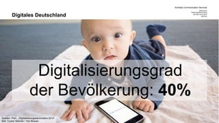 Kontrast Communication Services
CeBIT 2015
Web Experience Arena
DATUM 20.03.2015
SEITE 6
Digitalisierungsgrad
der Bevölkerung: 40%
Digitales Deutschland
Quellen: PwC, „Digitalisierungsbarometers 2014“
Bild: Tucker Mitchell / The Ithacan
 