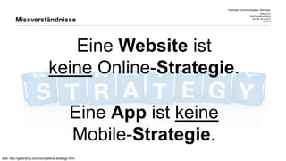 Kontrast Communication Services
CeBIT 2015
Web Experience Arena
DATUM 20.03.2015
SEITE 8
Eine Website ist
keine Online-Strategie.
Eine App ist keine
Mobile-Strategie.
Missverständnisse
Bild: http://galleryhip.com/competitive-strategy.html
 