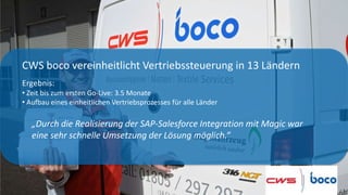 CWS boco vereinheitlicht Vertriebssteuerung in 13 Ländern
Ergebnis:
• Zeit bis zum ersten Go-Live: 3.5 Monate
• Aufbau eines einheitlichen Vertriebsprozesses für alle Länder

   „Durch die Realisierung der SAP-Salesforce Integration mit Magic war
   eine sehr schnelle Umsetzung der Lösung möglich.“
 