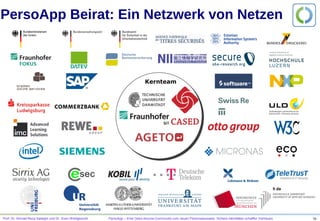 Prof. Dr. Ahmad-Reza Sadeghi und Dr. Sven Wohlgemuth PersoApp – Eine Open-Source-Community zum neuen Personalausweis. Sichere Identitäten schaffen Vertrauen. 10
PersoApp Beirat: Ein Netzwerk von Netzen
Kernteam
 