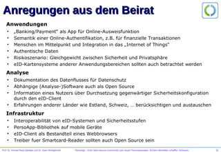 Prof. Dr. Ahmad-Reza Sadeghi und Dr. Sven Wohlgemuth PersoApp – Eine Open-Source-Community zum neuen Personalausweis. Sichere Identitäten schaffen Vertrauen. 11
Anregungen aus dem Beirat
•  „Banking/Payment“ als App für Online-Ausweisfunktion
•  Semantik einer Online-Authentifikation, z.B. für finanzielle Transaktionen
•  Menschen im Mittelpunkt und Integration in das „Internet of Things“
•  Authentische Daten
•  Risikoszenario: Gleichgewicht zwischen Sicherheit und Privatsphäre
•  eID-Kartensysteme anderer Anwendungsbereichen sollten auch betrachtet werden
Anwendungen
•  Dokumentation des Datenflusses für Datenschutz
•  Abhängige (Analyse-)Software auch als Open Source
•  Information eines Nutzers über Durchsetzung gegenwärtiger Sicherheitskonfiguration
durch den eID-Client
•  Erfahrungen anderer Länder wie Estland, Schweiz, … berücksichtigen und austauschen
Analyse
•  Interoperabilität von eID-Systemen und Sicherheitsstufen
•  PersoApp-Bibliothek auf mobile Geräte
•  eID-Client als Bestandteil eines Webbrowsers
•  Treiber fuer Smartcard-Reader sollten auch Open Source sein
Infrastruktur
 