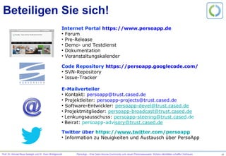 Prof. Dr. Ahmad-Reza Sadeghi und Dr. Sven Wohlgemuth PersoApp – Eine Open-Source-Community zum neuen Personalausweis. Sichere Identitäten schaffen Vertrauen.
•  Einseitiges Vertrauen: Keine Kontrolle über Nutzung von pkBob
Individuelle Sicherheitsinteressen
pkBob
Alice Bob
Charlie
•  Integrität und Verfügbarkeit von pkBob über Dritte
eIDBobeIDAlice
•  Zurechenbarkeit und Unbeobachtbarkeit durch eID-Infrastrukturen
pkBob pkBob
 