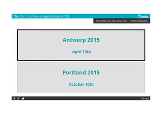 EXCHANGE. DEV. WIKI. BLOG. DOC. | WWW.ICINGA.ORG
#icinga
The Community - Icinga Camps 2015
Kuala Lumpur 2015
June 9th
Portland 2015
October 10th
Antwerp 2015
April 13th
 