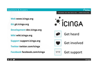 EXCHANGE. DEV. WIKI. BLOG. DOC. | WWW.ICINGA.ORG
#icinga
Questions & Answers
Web www.icinga.org
Git git.icinga.org
Development dev.icinga.org
Wiki wiki.icinga.org
Support support.icinga.org
Twitter twitter.com/icinga
Facebook facebook.com/icinga Get support
Get involved
Get heard
 