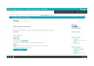EXCHANGE. DEV. WIKI. BLOG. DOC. | WWW.ICINGA.ORG
#icinga
The Icinga Project - Icinga Exchange - GitHub
 