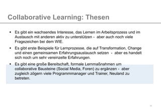 11
Collaborative Learning: Thesen
 Es gibt ein wachsendes Interesse, das Lernen im Arbeitsprozess und im
Austausch mit anderen aktiv zu unterstützen - aber auch noch viele
Fragezeichen bei dem WIE.
 Es gibt erste Beispiele für Lernprozesse, die auf Transformation, Change
und einen gemeinsamen Erfahrungsaustausch setzen - aber es handelt
sich noch um sehr vereinzelte Erfahrungen.
 Es gibt eine große Bereitschaft, formale Lernmaßnahmen um
collaborative Bausteine (Social Media, Foren) zu ergänzen - aber
zugleich zögern viele Programmmanager und Trainer, Neuland zu
betreten.
 