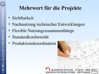 Mehrwert für die Projekte
•   Sichtbarkeit
•   Nachnutzung technischer Entwicklungen
•   Flexible Nutzungszusammenhänge
•   Standardkonformität
•   Produktionskoordination
 