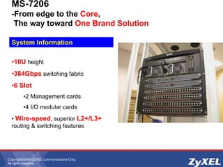 Copyright©2004 ZyXEL Communications Corp.
All rights reserved.
MS-7206
-From edge to the Core,
The way toward One Brand Solution
System Information
•10U height
•384Gbps switching fabric
•6 Slot
•2 Management cards
•4 I/O modular cards
• Wire-speed, superior L2+/L3+
routing & switching features
 